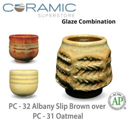 Albany Slip Brown PC-32 over Oatmeal PC-31 Pottery Cone 5 Glaze Combination Albany Slip Brown PC-32 over Oatmeal PC-31 Pottery Cone 5 Glaze Combination